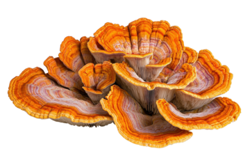 Group of amanita muscaria mushrooms with orange caps and white spots isolated on white background