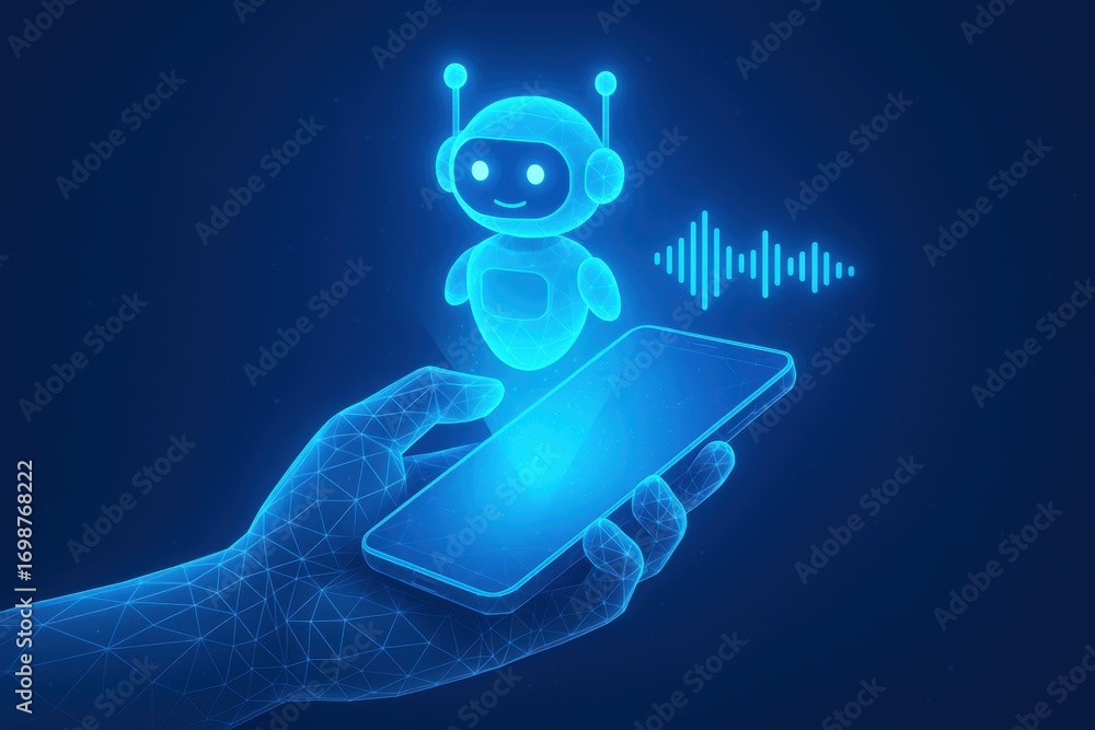 Poster Digital Assistant: A luminous, futuristic AI assistant interacts seamlessly with a human hand, symbolizing the evolution of technology and the promise of innovation.
