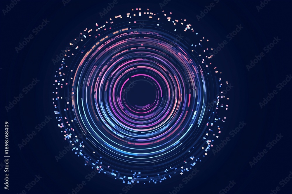 Fototapete vibrant circular data chart made of luminous rings and digital particles on navy background, creatin