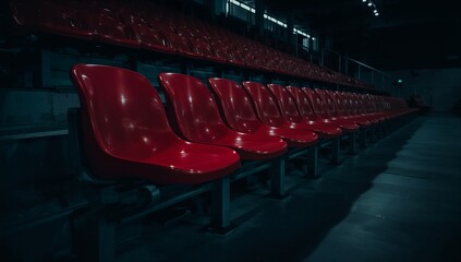 Fototapeta premium Rows of vibrant red seating illuminate the dim auditorium, awaiting an event or gathering in anticipation.
