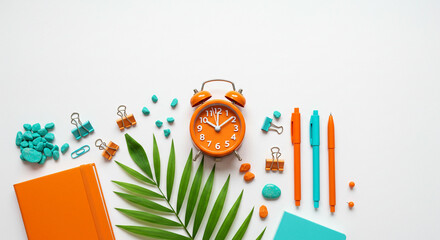 Vibrant orange alarm clock and colorful stationery items arranged neatly on white surface, symbolizing productivity and organization