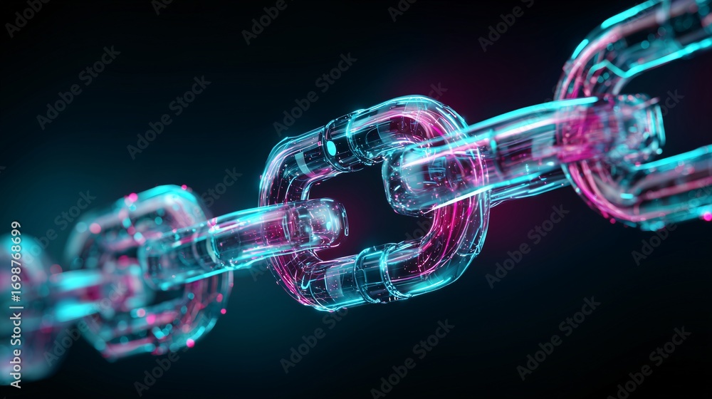 Poster futuristic holographic blockchain chain links glowing with vibrant colors, symbolizing digital secur
