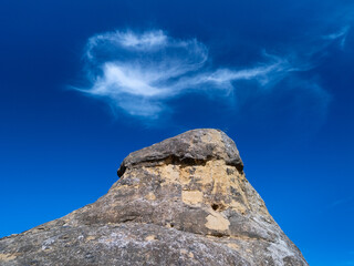 Aerial view from a drone of the so-called "Pe&ntilde;a Mujer" or "Fecundante Stone" in the municipality of Velillas in Ang&uuml;es, Hoya de Huesca region, Huesca province, Aragon, Spain, Europe