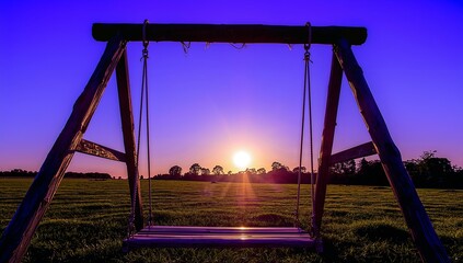 Fototapeta premium Tranquil Swing Set: Embrace the Serenity of an idyllic rural scene, where a wooden swing meets the setting sun.