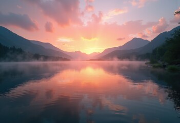Fototapeta premium Serene Lake Sunrise Reflections Tranquil Nature Landscape Calm Water Ripples Scenic Dawn Illumination