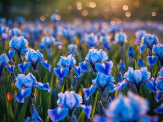 Radiant Blue Irises in a Sunlit Meadow