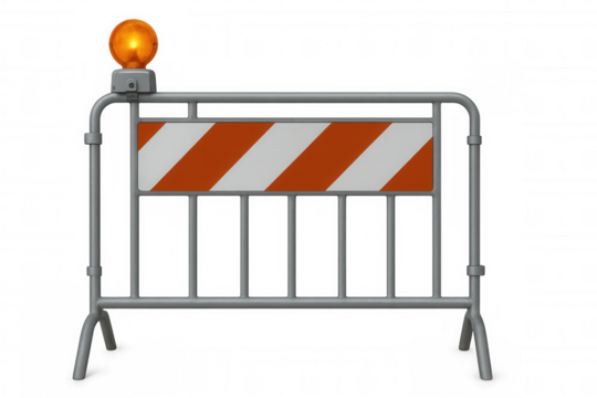 Metal traffic barrier featuring red-white stripes, blinking orange warning light, marking restricted zone, isolated backdrop