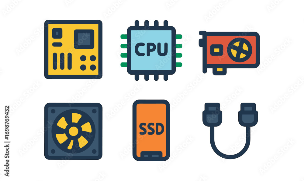 Poster colorful flat icons of computer hardware components for tech design inspiration
