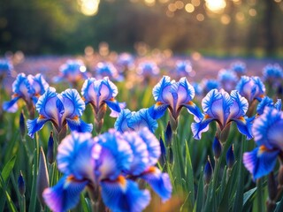 Stunning Blue Irises Field at Golden Hour