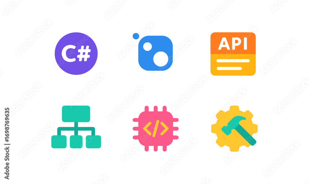Poster tech tools icons set: programming, coding, api, network, and development symbols