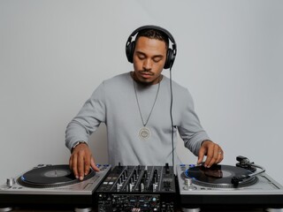 Focused DJ Mixing Music on Turntables with Headphones in Studio - Professional Musician Creating Sounds