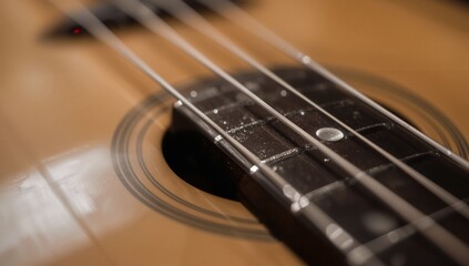 Fototapeta premium Acoustic guitar close-up of fretboard, strings, and sound hole showcasing musical instrument detail.