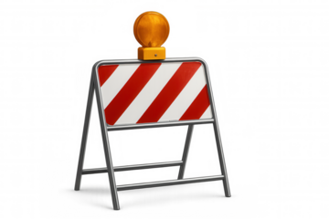 Traffic barrier featuring red-white stripes and blinking orange warning light, signaling construction zone safety precautions