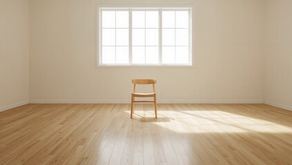 Fototapeta premium Simple chair in an empty room with natural light from a large window creates minimalist aesthetic.