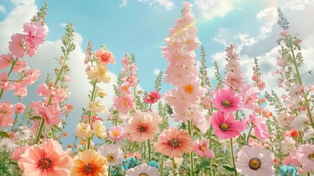 Vibrant flowers shot from a low angle against a bright sky, creating a dreamy, uplifting video scene with a touch of whimsy and color. Live desktop wallpaper.