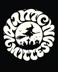 Spooky Season Silhouette A Groovy Halloween Design Featuring a Witch Flying Over a Graveyard