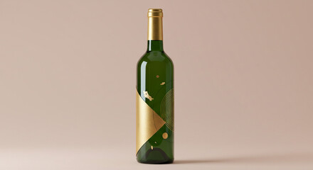 Elegant green wine bottle with modern gold geometric label design and foil accents, perfect for luxury branding