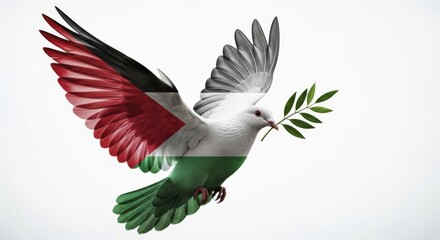 Obraz premium A dove with the palestinian flag colors on its wings carries an olive branch, symbolizing peace