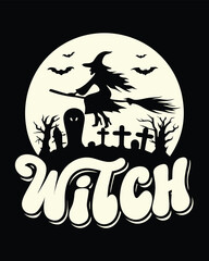 Retro Halloween Design featuring a Witch on Broomstick over a Spooky Graveyard Silhouette