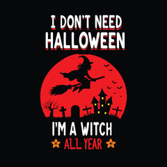 Witch Themed Halloween T-Shirt Design Featuring a Silhouette Witch and Spooky Landscape