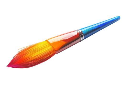 Paintbrush swath isolated on white background displays vibrant gradient hues of blues purples oranges and yellows