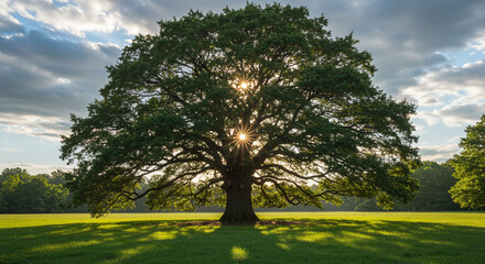 Fototapeta premium Majestic ancient oak tree bathed in golden sunbeams, casting long shadows across a vibrant green meadow