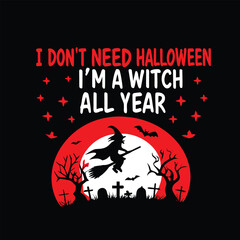 Whimsical Halloween T-Shirt Design with Witch and Cemetery