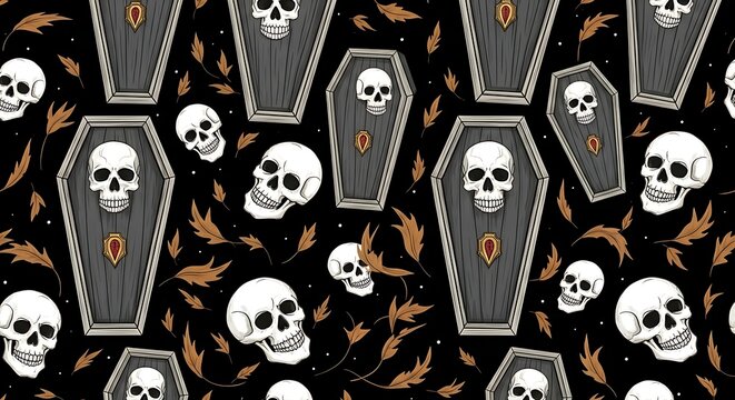 Halloween Pattern with Skulls and Coffins.