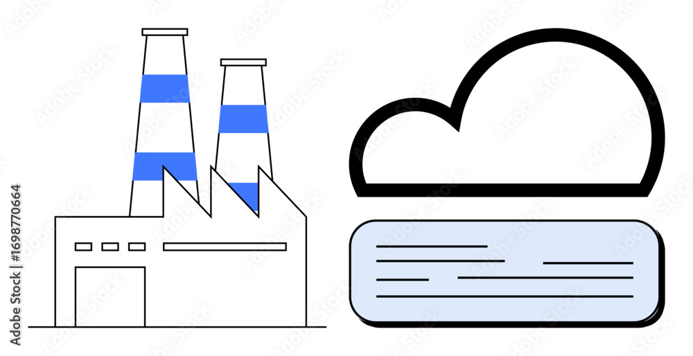 Poster factory building with twin chimneys linked to a cloud server symbolizing digital transformation, sus