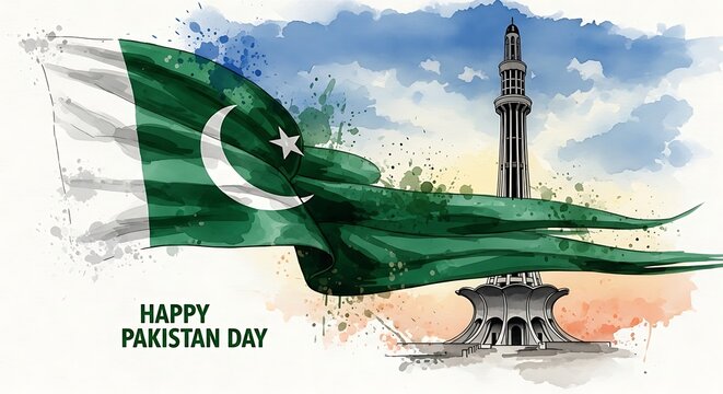 Happy Pakistan Day Celebration with Flag and Minar e Pakistan.