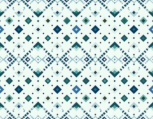 Geometric repeating pattern of teal, dark blue, and mint squares and diamonds on a light background
