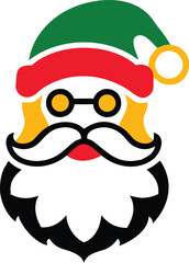 Colorful illustration depicts Santa Claus with yellow glasses, mustache, and beard