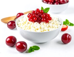 Cottage cheese topped with red berries and mint in a white bowl
