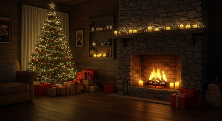 Cozy Christmas scene with glowing fireplace, decorated tree, and gifts evokes warmth and festive holiday spirit
