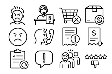 Customer Service Icons. Line style icons of customer service complaints: angry customer icon, service desk with report, shopping