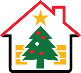 Fototapeta premium Red house outline displays decorated Christmas tree above yellow presents inside for holiday cheer