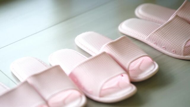 Pink Slides in a Row: Several pairs of simple pink slides are neatly arranged in a line on a light blue tiled floor, suggesting comfort and domesticity.