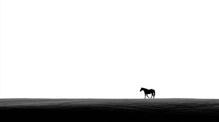 Black Silhouette of a Horse Standing Alone on a Vast Landscape Under a Bright Sky at Twilight