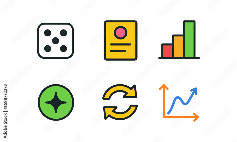 Poster minimalist icon set featuring data charts, dice, and refresh symbols in flat design