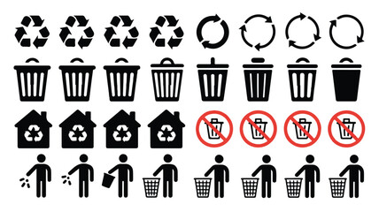 A collection of waste management and recycling icons arranged in a grid format 