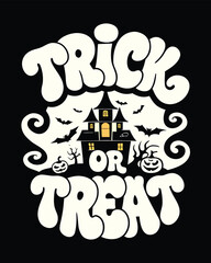 Retro Halloween T-Shirt Design with Haunted House, Bats and Funky Typography
