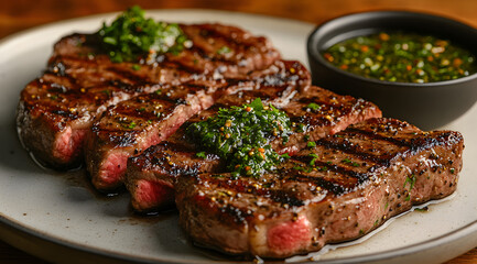 Juicy grilled ribeye steaks with a vibrant green herb sauce and a side of chimichurri sauce on a rustic plate