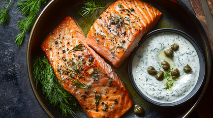 Deliciously cooked salmon fillets seasoned with herbs and spices served with a creamy dill sauce and fresh dill garnish