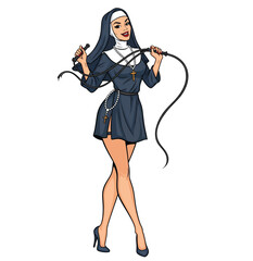 Vintage Pin-Up Style Nun in a Short Habit Holding Whips Vector Illustration