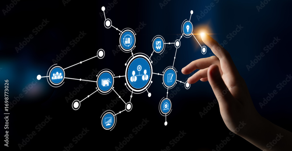 Poster a dynamic representation of modern technology with a hand reaching towards a digital interface. mult