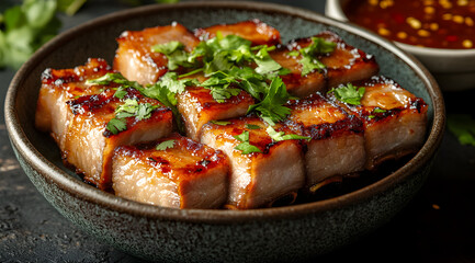Deliciously crispy roasted pork belly glazed with sweet sauce and garnished with fresh green herbs in a rustic bowl