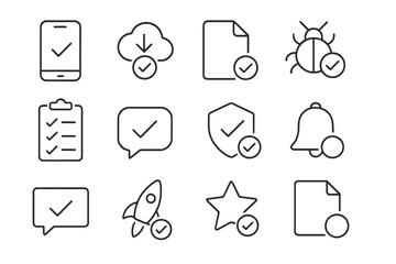App Approval Icons. Line style icons of app submission approvals: approved app icon, update released, accepted app store form, bug