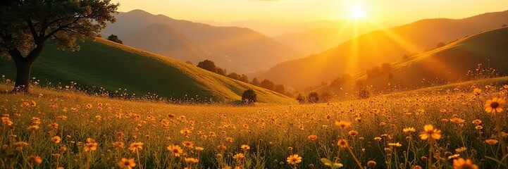 Golden hour sunlight bathes a vibrant landscape in warm, hazy light  Perfect for summer themes, travel, and nature projects  Enjoy the idyllic scene!,  field,  meadow