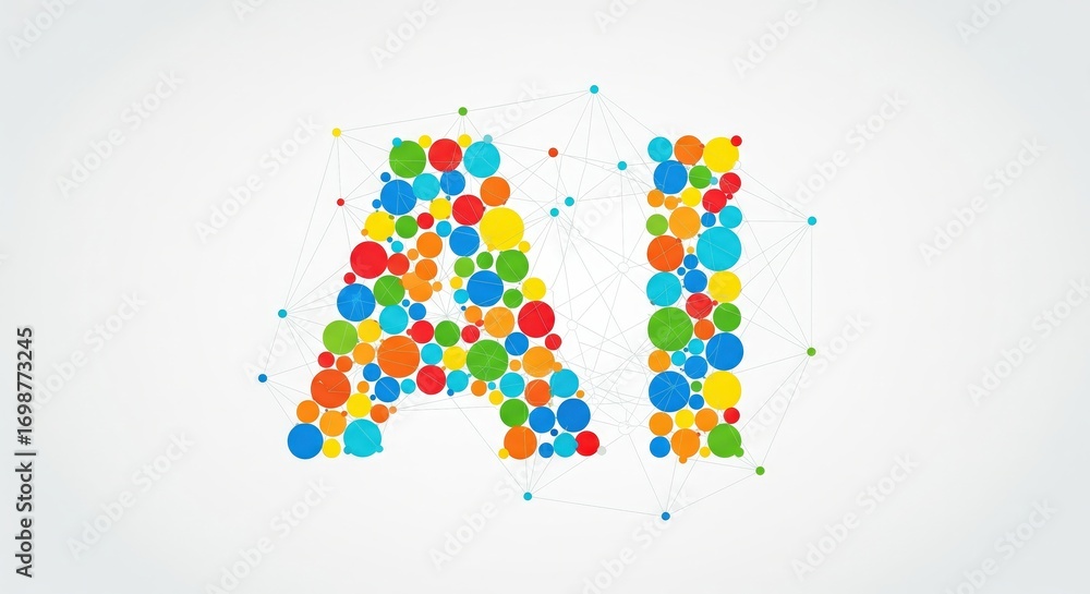 Poster artificial intelligence concept with colorful connected circles forming the text ai on a light backg