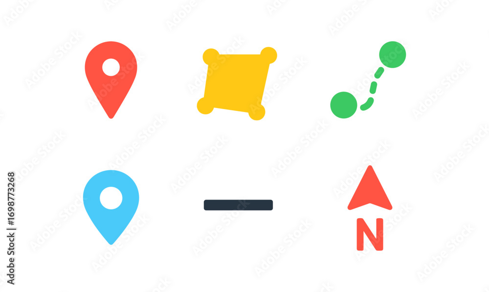 Poster colorful navigation and location icons for maps and apps